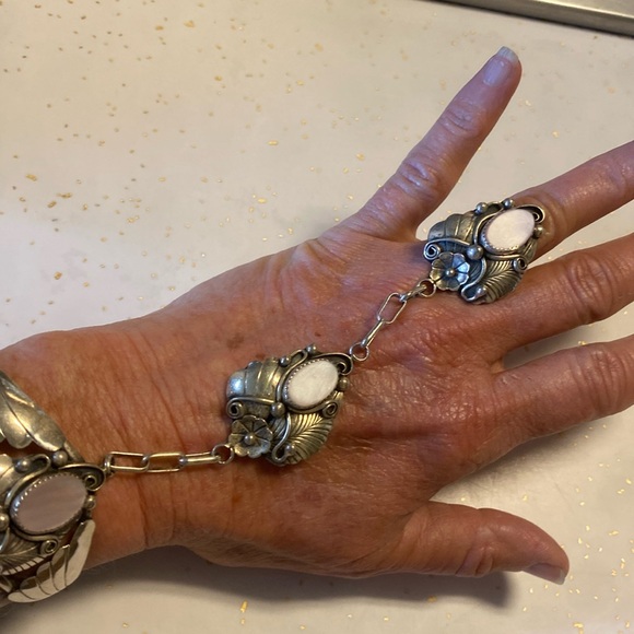 Large Navajo Pink Shell Cuff Bracelet Ring Combo pink conch vintage slave - Picture 10 of 11